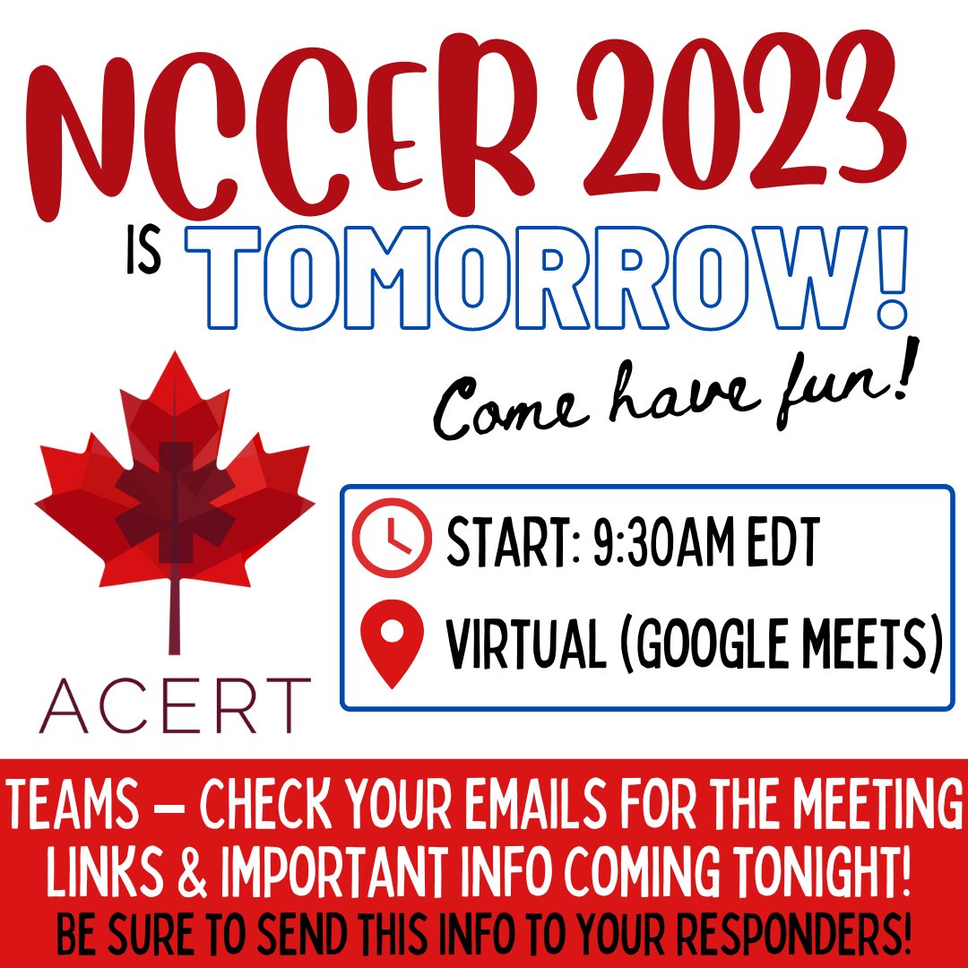 ACERTBOD's tweet photo. It's almost time! NCCER 2023 is TOMORROW 🙌

We couldn't be more excited! We've got a full day of first response fun planned for you guys.

Teams – links will be sent out tonight, so stay tuned to those emails and be sure to forward to your responders. https://t.co/AX0JjjqVWP