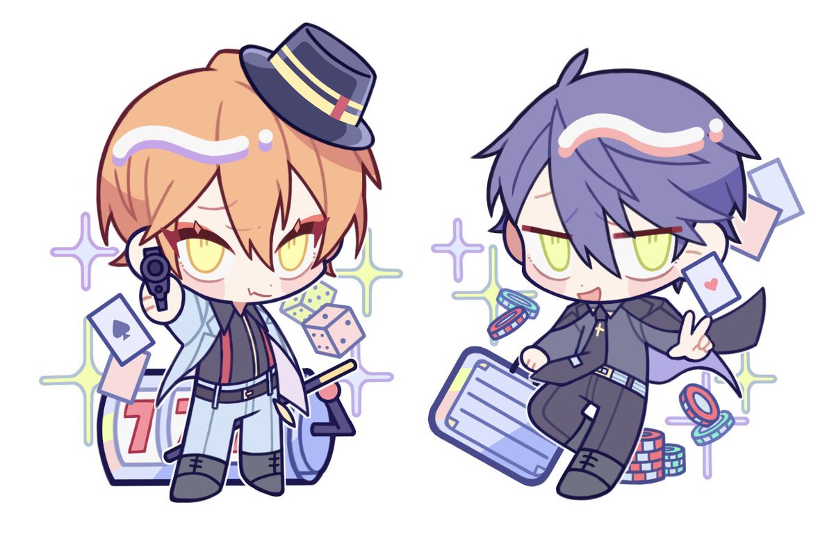 2boys multiple boys card chibi dice jacket hat  illustration images