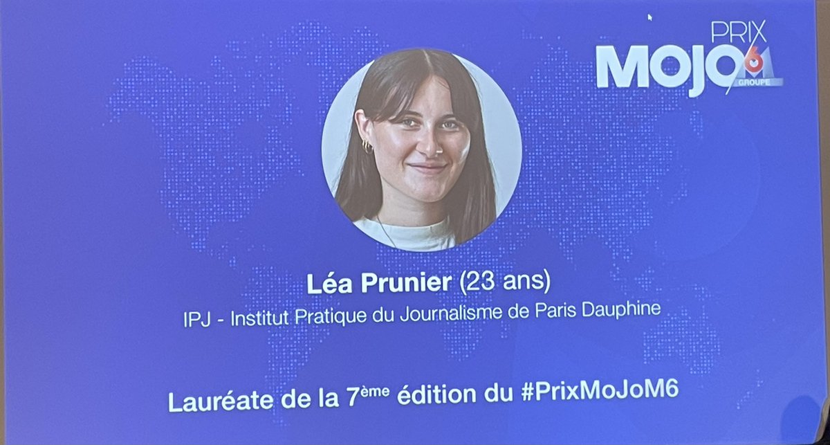 <a href="/LeaPrunier_/">Léa Prunier</a> remporte le 7eme #PrixMoJoM6 et un an de CDD à la rédaction nationale. #12h45 #19h45 <a href="/IPJdauphine/">IPJ Dauphine-PSL</a>