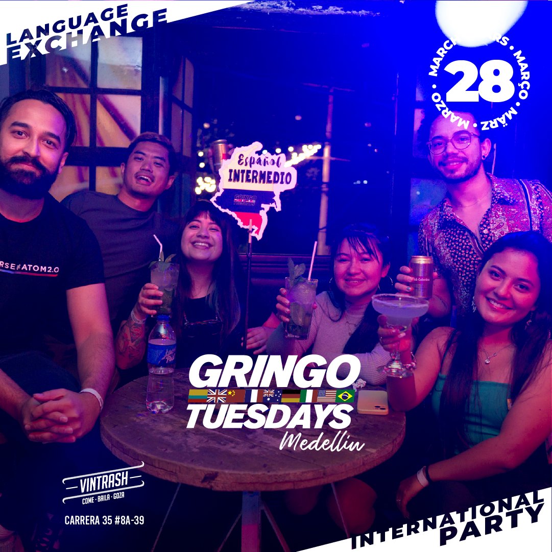 Disfruta de una noche mágica donde los colores serán los protagonistas! Ven con tu mejor outfit de color BLANCO 🤍 y diviértete con el intercambio de diomas, la fiesta internacional y muchas sorpresas más 🎉🪩

Nos vemos en:📍Bogotá📍 Cali📍Medellín📍Panamá

#gringotuesdays