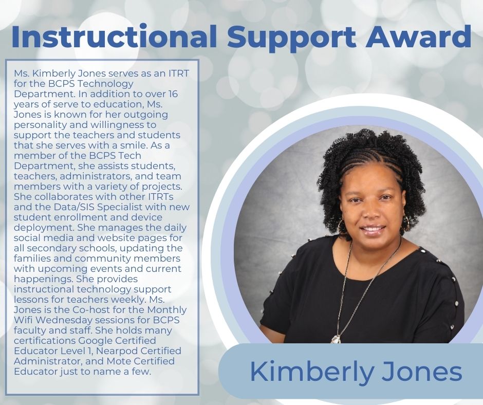 Employee Spotlight: We would like to congratulate Ms. Kimberly Jones, Division ITRT, on being selected as the 2023 Southside Virginia Regional Technology Consortium (SVRTC) Instructional Technology Support Award recipient for Brunswick County Public Schools. #BrunswickStrong