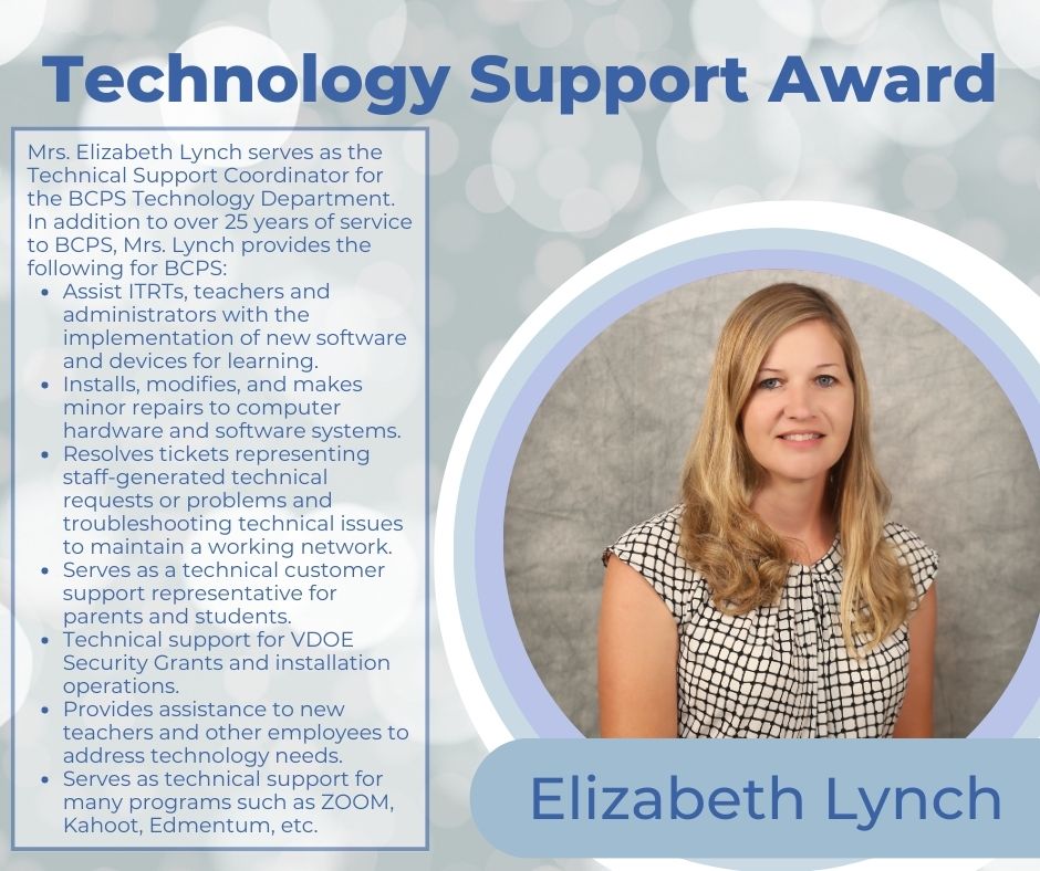 Employee Spotlight: We would like to congratulate Mrs. Elizabeth Lynch, Technical Support Coordinator, on being selected as the 2023 Southside Virginia Regional Technology Consortium (SVRTC) Technology Support Award recipient for Brunswick County Public Schools.  #BrunswickStrong