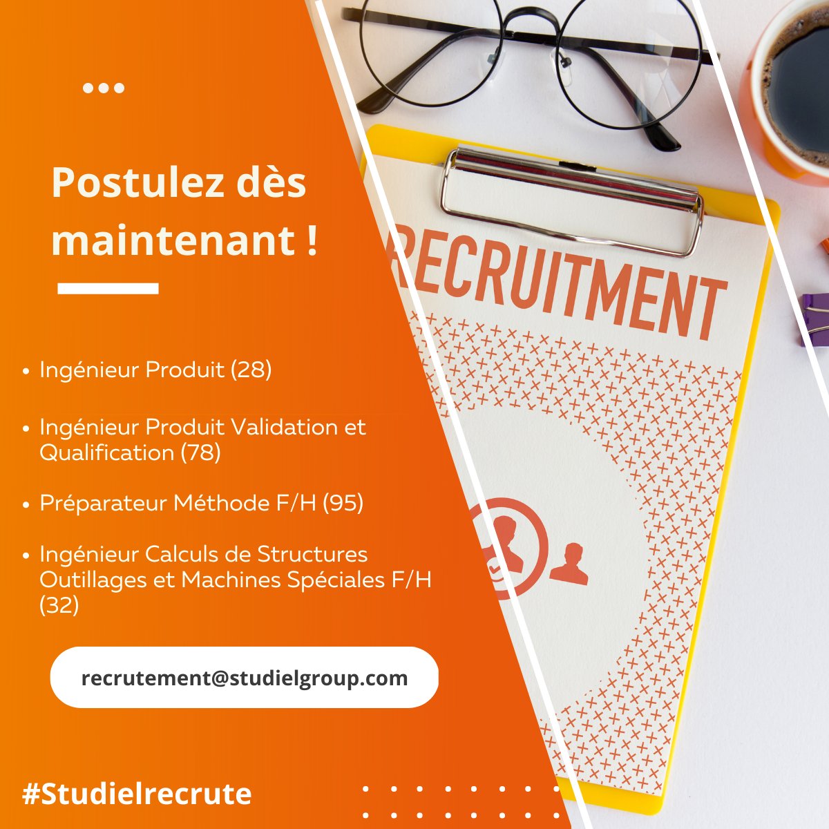 Retrouvez nos 4 postes disponibles cette semaine ici : lnkd.in/dgTuyk7

Envoyez votre candidature à recrutement@studielgroup.com afin que notre équipe recrutement puisse l’étudier.

#Studielrecrute #offres #Recrutement