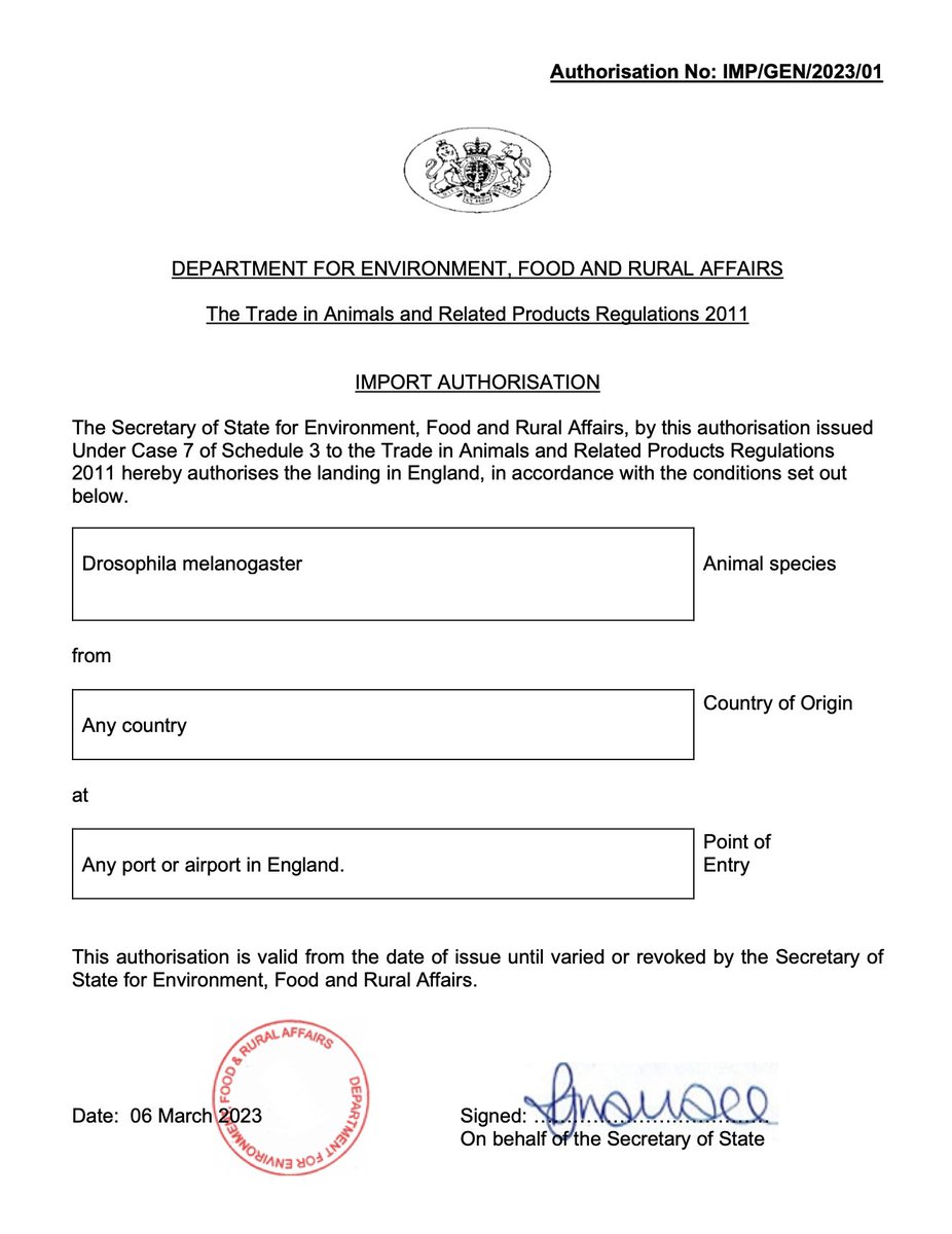 Cahir O'Kane (@okanecahir) on Twitter photo We finally have an easy way to import Drosophila melanogaster from anywhere into England- just ask the lab that ships the flies to print out a general licence and include it in their shipment! Presumably Wales & Scotland the same. Dunno about N Ireland.
assets.publishing.service.gov.uk/government/upl… We finally have an easy way to import Drosophila melanogaster from anywhere into England- just ask the lab that ships the flies to print out a general licence and include it in their shipment! Presumably Wales & Scotland the same. Dunno about N Ireland.
assets.publishing.service.gov.uk/government/upl…