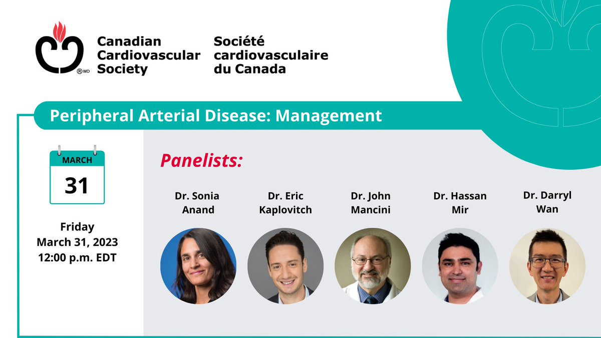 Learn about managing #PAD with our upcoming webinar, Peripheral Arterial Disease: Management, taking place next Friday, March 31 @ 12 PM EDT. Panelists include Drs. Sonia Anand, Eric Kaplovitch, John Mancini, Hassan Mir &amp; Darryl Wan. Register today: ow.ly/qgEq50NrjrX