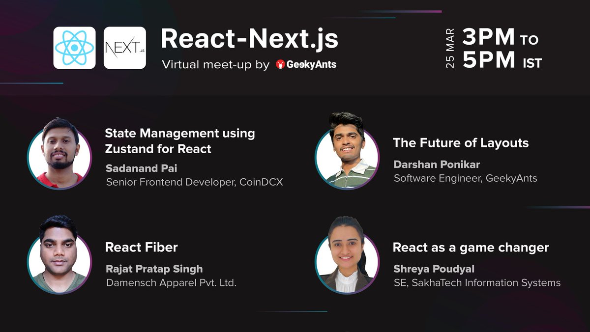 geekyants's tweet photo. Here's your look at the detailed agenda of React-Next.js Virtual Meetup!
Join us for an evening full of all things React and Next.js
Livestream URL - https://t.co/WHrvQ2853T
Drop a β in the comments if you're joining us tomorrow!
#reactnextjsmeetup #nextjs #react #meetup https://t.co/KalR6xU67W