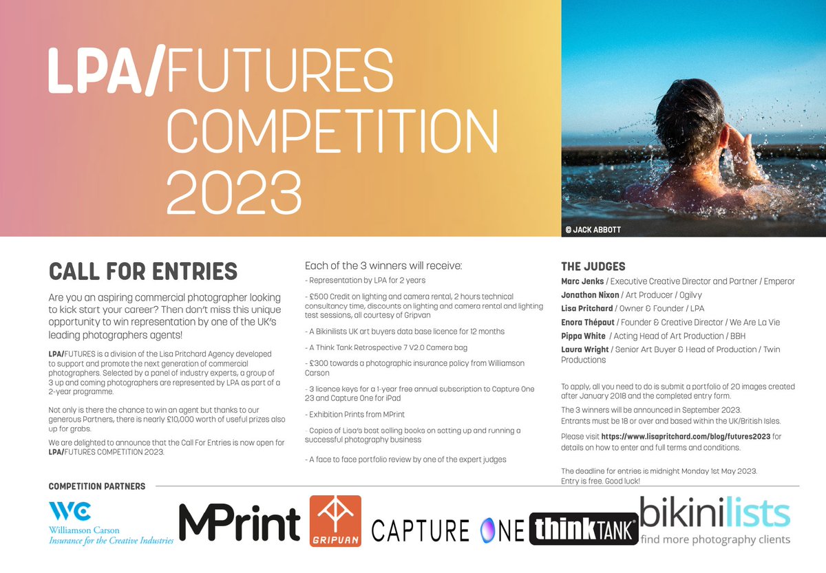 LPA FUTURES 2023 COMPETITION UPDATE

5 and a half weeks to go to the deadline, have you applied yet? It’s super easy...all you have to do is submit a portfolio of 20 images created after 2018 and the completed entry form! 

lisapritchard.com/blog/futures20…