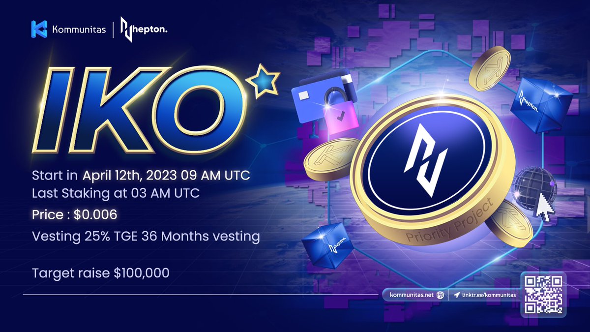 🥳 Kommunitas is eager to carry out our Priority #IKO with <a href="/HeptonL3/">HeptonL3</a> 

⛓ Hepton is a Layer-3 project built by Hepton Labs. Hepton comes with two different scaling layers which are Hepton PoS (Sidechain) and Hepton STANDRA (ZK-Rollup). 

Read more: link.medium.com/c5iMsZGNqyb