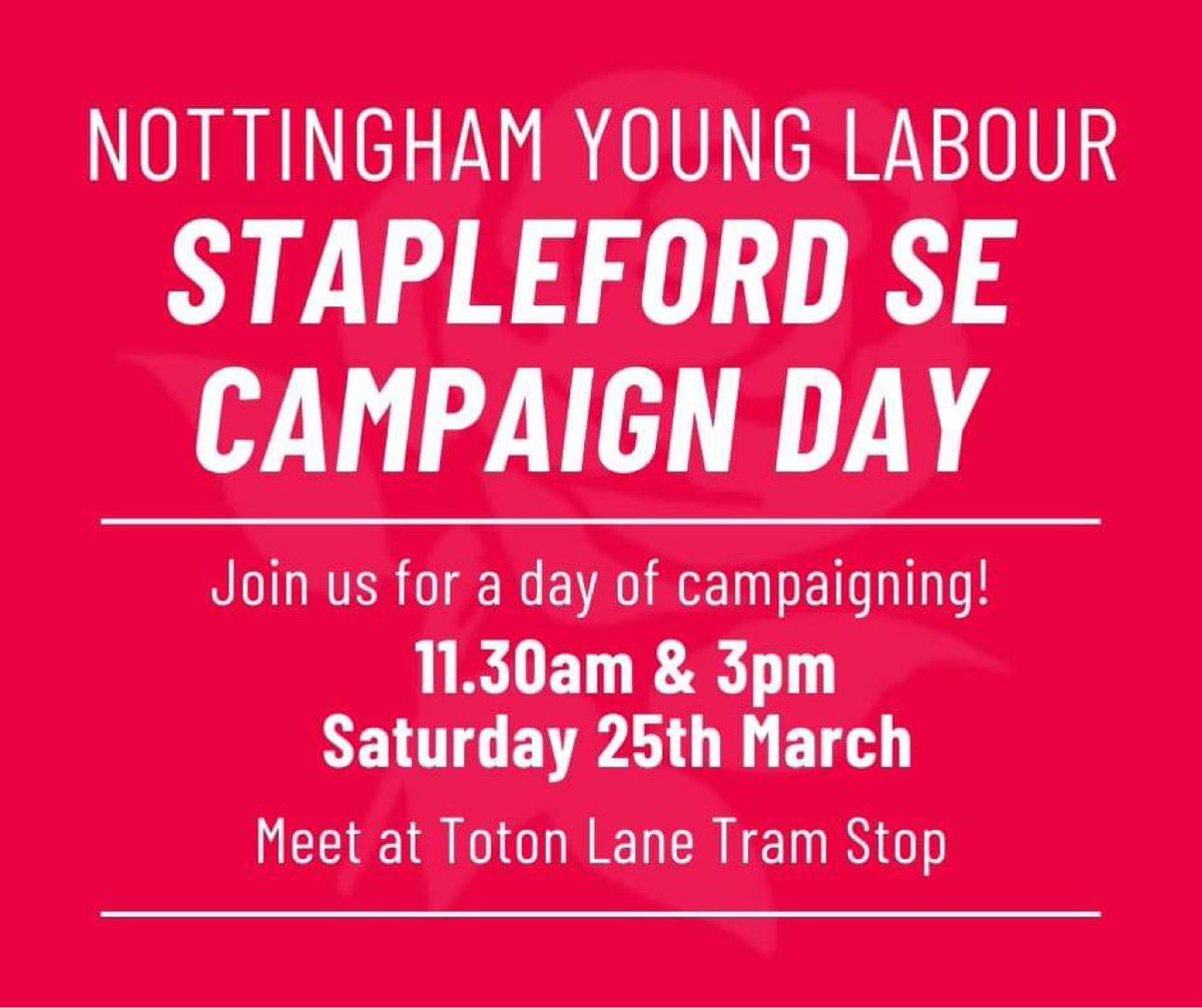 Please come along and join us tomorrow for canvassing for myself &amp; <a href="/ross_bofinger/">Ross Bofinger 🇵🇸</a> in Stapleford South East. 

We’ll be meeting at Toton Lane Tram Stop, NG9 7JA at 11:30am and then again at 3pm!