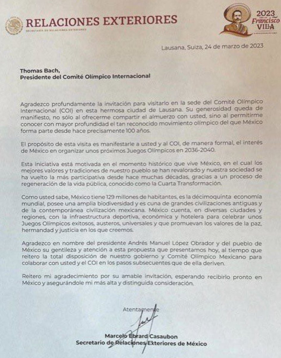 Les comparto texto de la carta que entregué esta mañana a Thomas Bach,Presidente del Comité Olímpico Internacional,para postular a México como sede de los Juegos Olímpicos 2036-40.