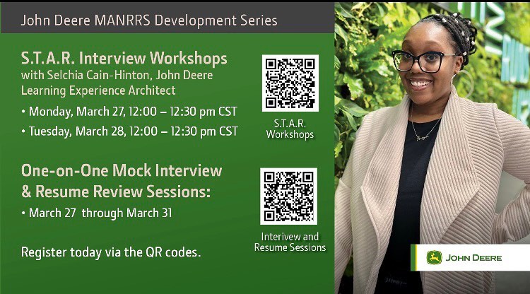NationalMANRRS's tweet image. Join John Deere for the MANRRS Development Series. They're hosting TWO “How to Shine in Behavior Interview with the STAR Method” workshops and offering one-on-one sessions to review student’s resumes and facilitate mock interviews. Register today at the #linksinbio