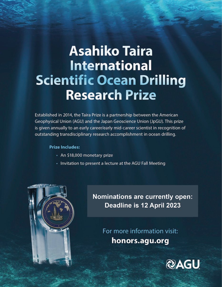 #IODP Community: There is still time to submit nominations for <a href="/theAGU/">AGU (American Geophysical Union)</a> 's Taira Prize! Celebrate the outstanding accomplishments of a remarkable mid-career colleague &amp; nominate them for this prestigious prize. Deadline is Wednesday, 12 April - mailchi.mp/ldeo/call-for-…