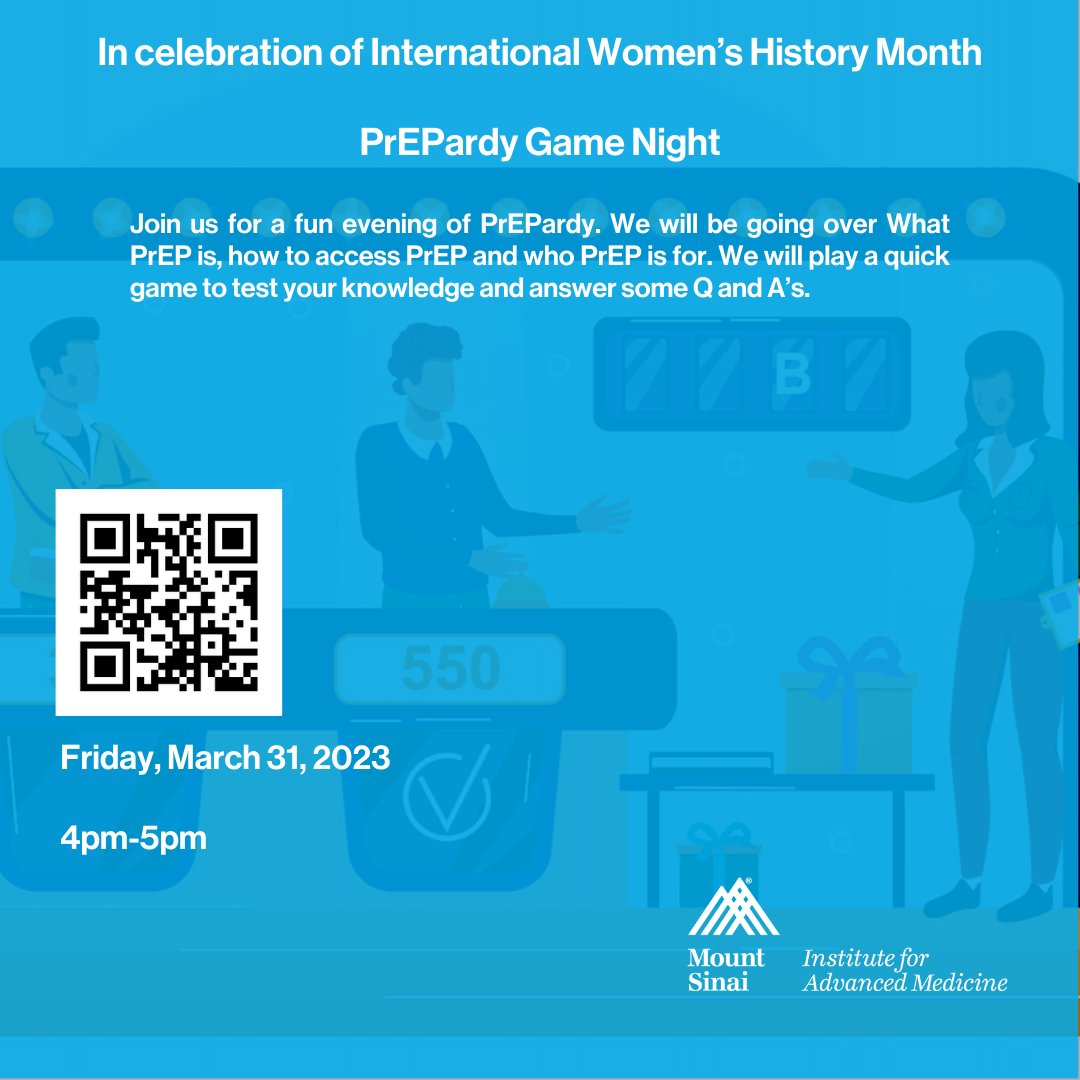 In celebration of International Women's History Month, please join us for PrEPardy game night! Learn more about what #PrEP is, how to access PrEP and who PrEP is for and more. Scan the QR code or visit the link below for registration:
Registration: bit.ly/3Zb1aKH