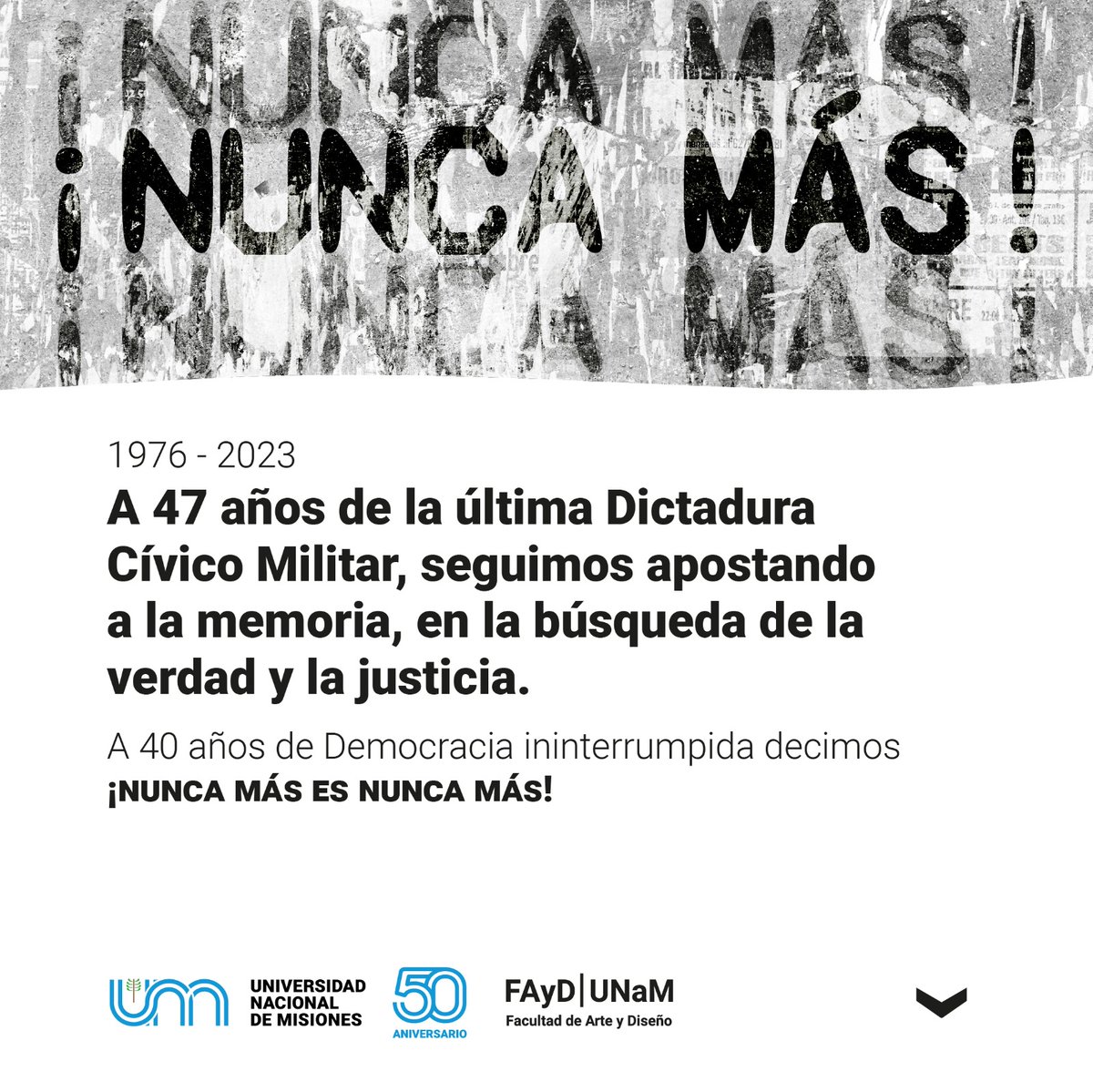 A 47 años de la Dictadura Cívico Militar, seguimos apostando a la memoria en la búsqueda de la verdad y la justicia. 

¡Nunca más es Nunca más!

#Oberá #UNaM #FAyD #24M #memoriaverdadyjusticia #nuncamás