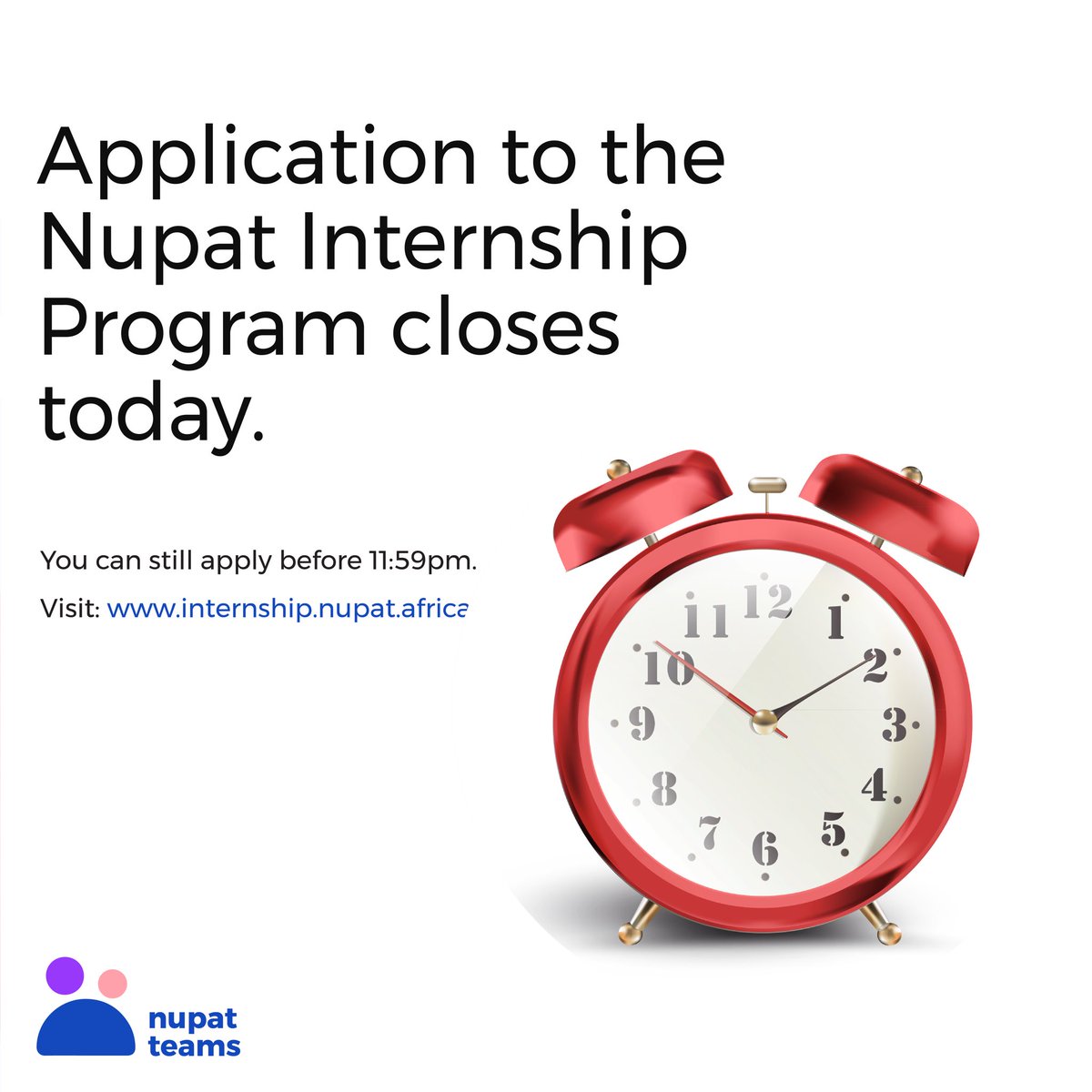 A quick reminder that application closes today. If you are interested in applying, please kindly do so before the 11:59pm today. 

To apply visit: internship.nupat.africa 

#softwareinternship #softwaredeveloper #backenddeveloper #frontenddeveloper #internshipprogram