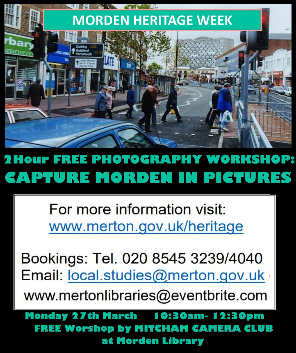 Yes, we'll be there! Come & join us for a free 2hr #Photography Workshop to 'Capture Morden in Pictures'. Get some top tips, ideas, friendly advice & help from our expert team on how to take great #photos. #MertonHeritageWeek, #MertonLibraries, #PhotographyWorkshop