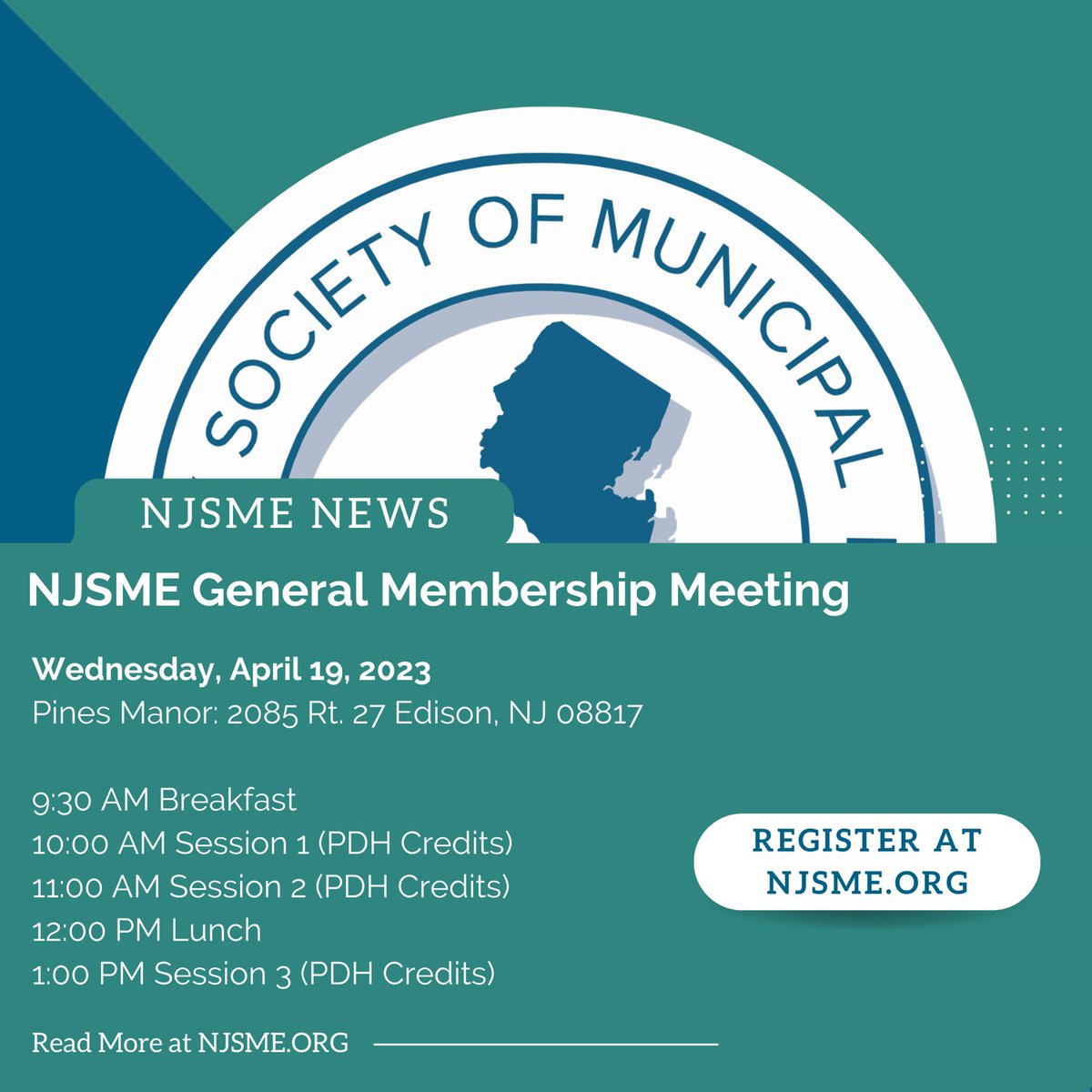 NJ_SME's tweet photo. NJSME Quarterly Meeting &amp; Educational Seminars

Wednesday, April 19, 2023
9:30 a.m. to 3:00 p.m.
Pines Manor: 2085 Lincoln Hwy Edison, NJ 08817
 
Register at https://t.co/SnQUTw9oKB
Members &amp; Non-Members Can Earn Up to 4 PDH Credits https://t.co/AvGLQDiqZg