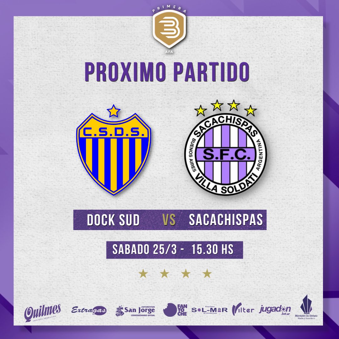 SacachispasOK's tweet photo. 🔜 #Fecha7
 
🆚 Dock Sud
📅 Sábado 25 de marzo
🕢 15.30 HS
🏟️ Estadio de los Inmigrantes

#VamosLila💜 https://t.co/n7CIsG9K7h