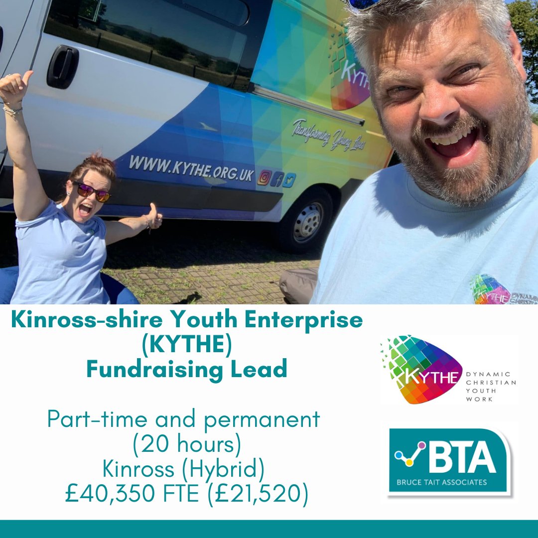 Kinross-shire Youth Enterprise (KYTHE)
Fundraising Lead
Part-time and permanent (20 hours)
£40,350 FTE (£21,520)
Kinross (Hybrid)

For more information about this exciting opportunity; lnkd.in/e-VDKM2N