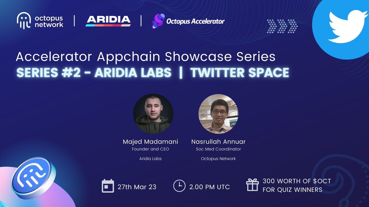 OmnityNetwork's tweet photo. 📢Exciting news! Join us for a Twitter Space event with the CEO of Aridia Labs, Mr. Majed, on March 27th, 2023, at 2pm UTC.

🚀Learn about Aridia Labs' cutting-edge technologies and their practical applications as we dive deep into their capabilities and use cases. https://t.co/pHYgJyhwbF