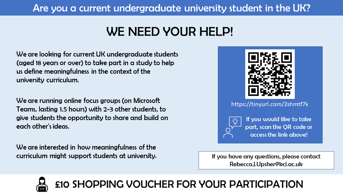Dr Rebecca Upsher (@beckyupsher) on Twitter photo **Calling undergraduate students studying in the UK**
Can you help us understand meaningfulness of the curriculum?
tinyurl.com/2shmtf7k
#HigherEd
<a href="/kckirkman/">Dr Ann kirkman</a> <a href="/NicolaByrom/">Dr Nicola Byrom</a> **Calling undergraduate students studying in the UK**
Can you help us understand meaningfulness of the curriculum?
tinyurl.com/2shmtf7k
#HigherEd
<a href="/kckirkman/">Dr Ann kirkman</a> <a href="/NicolaByrom/">Dr Nicola Byrom</a>
