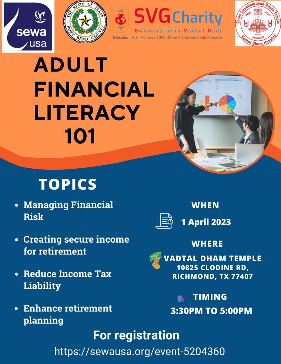 <a href="/sewahouston/">Sewa Houston</a> in partnership with Vadtal Dham Shree Swaminarayan Hindu Temple Houston presents "Adult Financial Literacy 101" workshop on April 1, 3.30 - 5 PM at Vadtal Dham temple ,10825 Clodine Rd, Richmond, Tx 77407.
Register at: sewausa.org/event-5204360
<a href="/vadtalgadi/">Swaminarayan Vadtal Gadi (SVG)</a> <a href="/SvgCharity/">svg.charity</a>