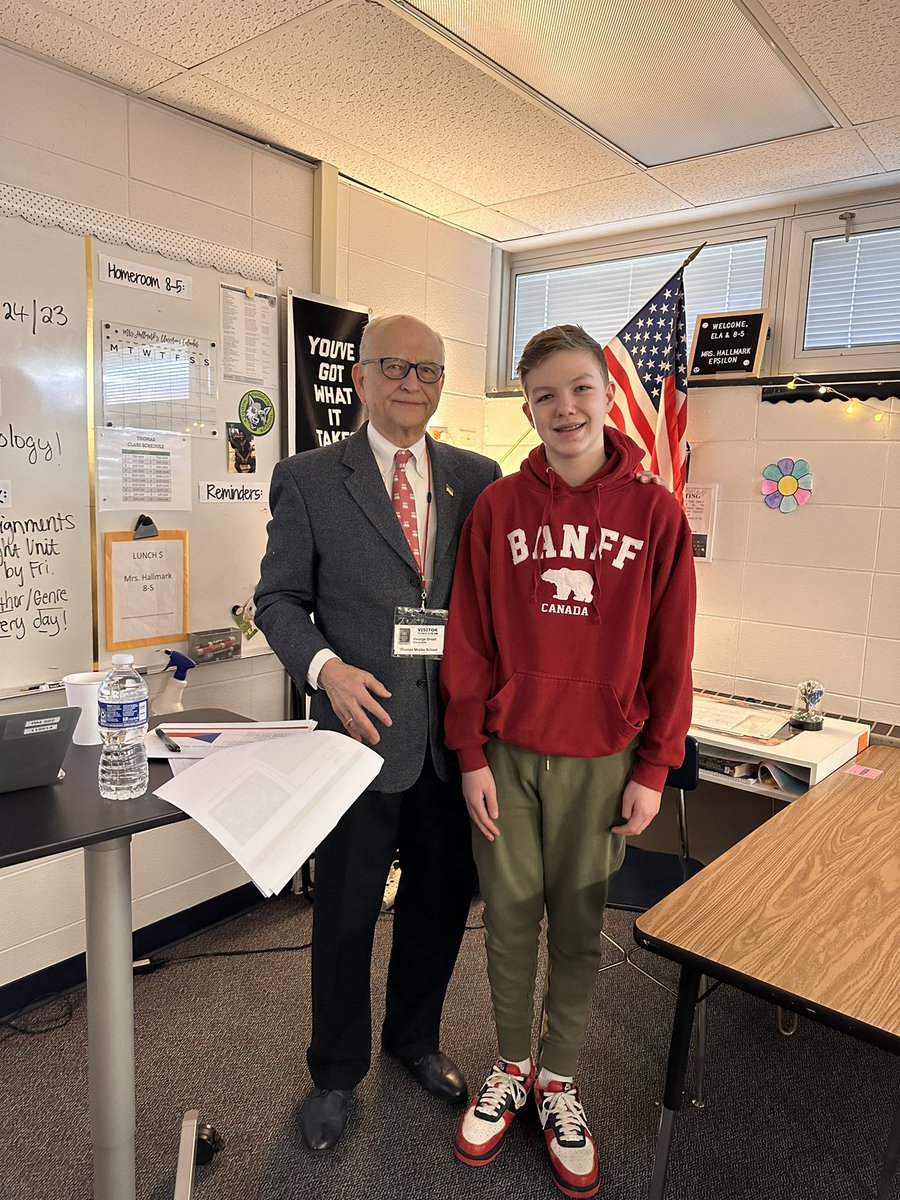 Mr. George T. Drost, Partner DKM&amp;O Attorneys, spoke to our homeroom about his amazing journey from Czech to the US for History Day. Bonus: his grandson, Charlie, whose birthday is today, watched his grandpa’s presentation. 😃 💚 <a href="/AHSD25Thomas/">Thomas Middle School</a> <a href="/ahsd25/">ArlingtonHeightsSD25</a> #d25itspersonal