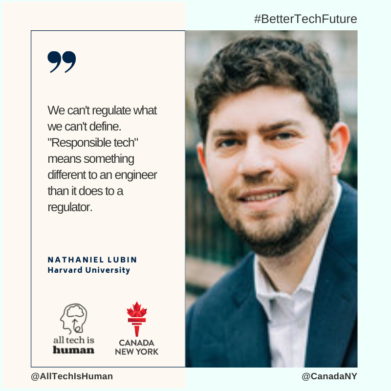 CanadaNY's tweet photo. @natelubin has spent his career exploring how and why we're falling short in tech and believes we now have the tools to fix what’s broken. In his words, 'Responsible tech' means "something different to an engineer than ... a regulator."
#BetterTechFuture @AllTechIsHuman https://t.co/QKLAtx2kFH