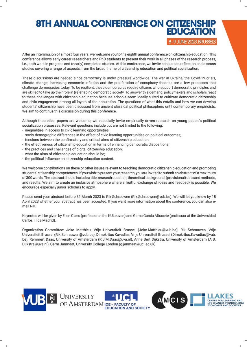 1️⃣ week left to send in your proposals for the 8th annual international conference on citizenship education in Brussels🇧🇪! See the flyer and call for papers for more details. We especially encourage young researchers to submit a proposal ✍️