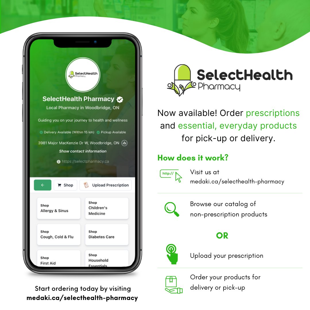 MedaKi is in the Vaughan Area!

Now available at SelectHealth Pharmacy in Woodbridge, Ontario.

SelectHealth Pharmacy provides a comprehensive and integrated approach to health and wellness, combining traditional pharmacy services with natural alternatives. 

#local #pharmacy