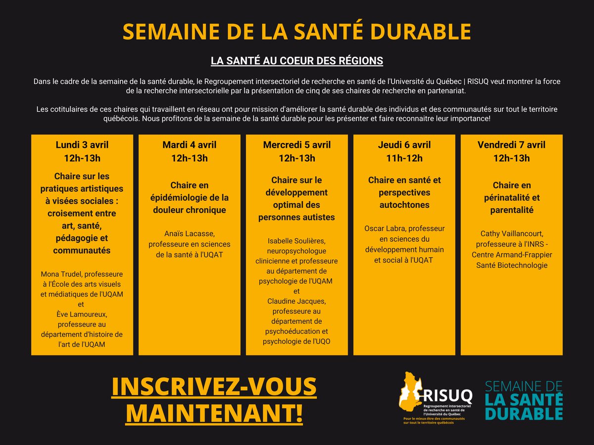 Pour la #SSD2023, le RISUQ fait rayonner 5 de ces chaires de recherche en partenariat! Inscrivez-vous à nos conférences en ligne pour les découvrir 👉 bit.ly/40f8Sof
#santédurablequébec #promotionsanté