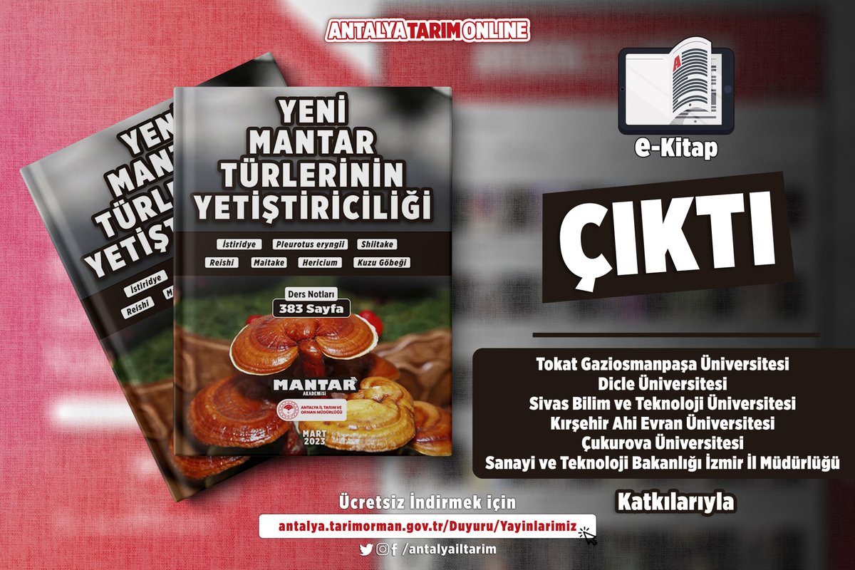 Yeni Mantar Türlerinin Yetiştiriciliği 

#MantarAkademisi içinde yaptığımız  eğitimimizden yeni mantarları içeren 383 sayfa ders notları e-Kitabı
#ÇIKTI

#GelecekTarımda
#TarımAntalyada

#Ücretsiz İndirin
👇
antalya.tarimorman.gov.tr/Duyuru/429/Yay…

<a href="/gokhankaraca_/">Gökhan Karaca</a>  <a href="/ersinyazici1/">Ersin YAZICI</a> <a href="/VahitKirisci/">Prof.Dr.Vahit Kirişci</a>