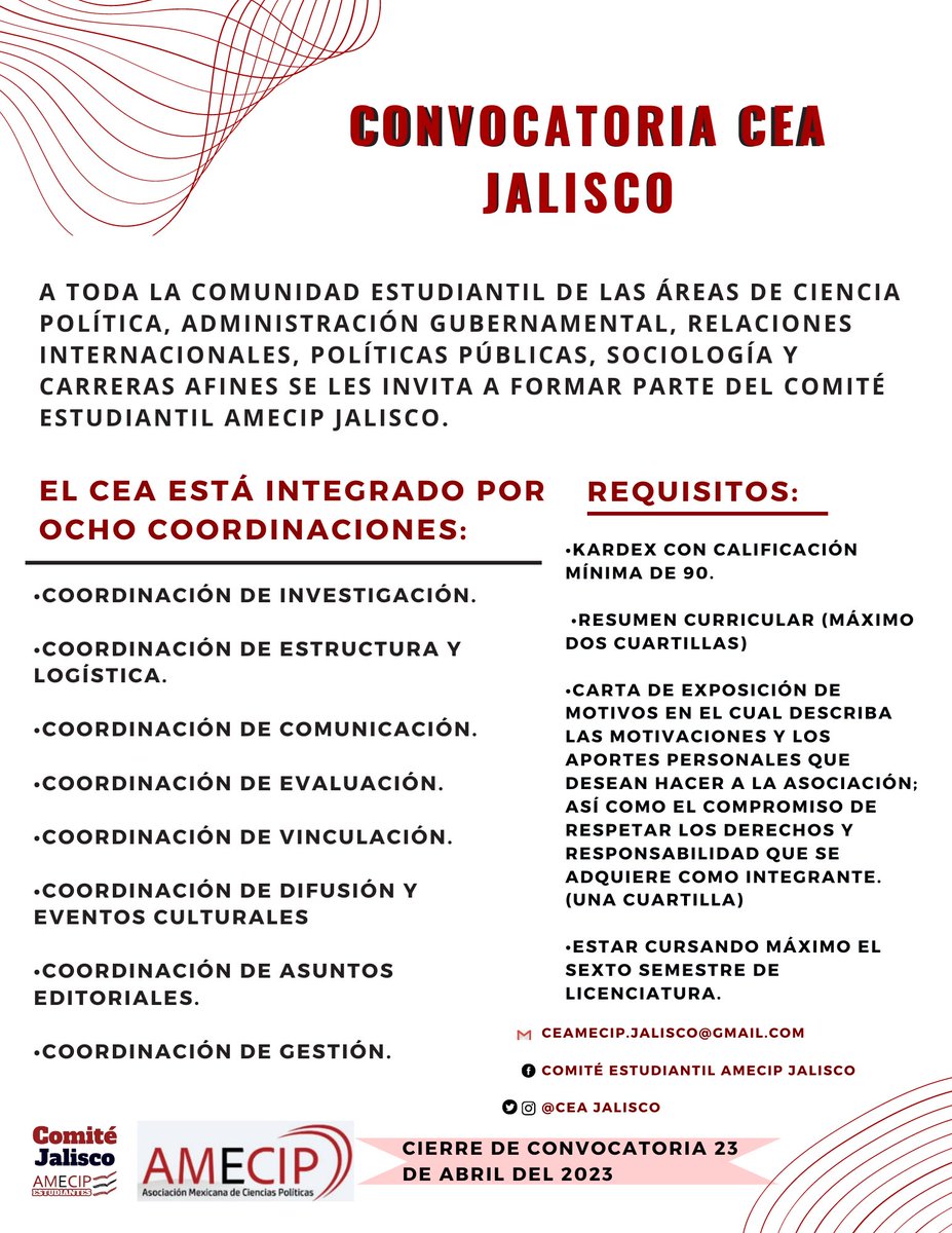 Esta convocatoria está dirigida para desempeñar las coordinaciones faltantes ocupando titularidad en el periodo de 2023-2024 y para las suplencias que posteriormente tomaran titularidad. 

🔺Los documentos deben ser enviados al correo electrónico: ceamecip.jalisco@gmail.com