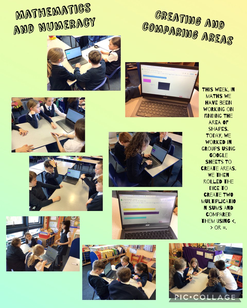 #mathematicsandnumeracy This week, in maths we have been working on finding the area of shapes. Today, we worked in groups using Google Sheets to create areas. We then compare two using < > or =. @GoogleForEdu #digitalcompetence