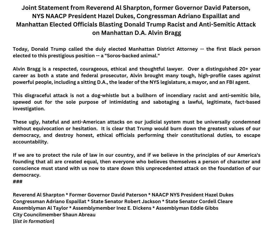 AlvinBraggNYC's tweet photo. NEW THIS MORNING: NY leaders blast Trump's "incendiary racist and anti-semitic" attacks on D.A. Bragg and urge everyone to “stand with us now to stare down this unprecedented attack on the foundation of our democracy.” https://t.co/wRmeoA1IcJ