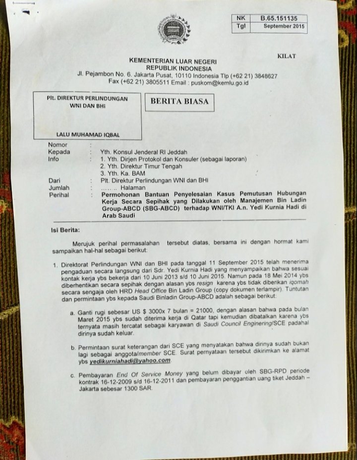 Yedi_ExTKI's tweet photo. @VIVAcoid 1.Omong kosong perlindungan PMI klo @KemnakerRI gak didukung habis2an oleh @Kemlu_RI &amp; @Menlu_RI kasus sy PMI legal visa kerja laporan ke KEMLU RI malah dibunuh/dimatiin dgn cara KEMLU tolak keras keluarkan NOTA DIPLOMATIK thn 2015 PMI jadi gagal total utk direkrut company QATAR. https://t.co/FHNPoDmrNF