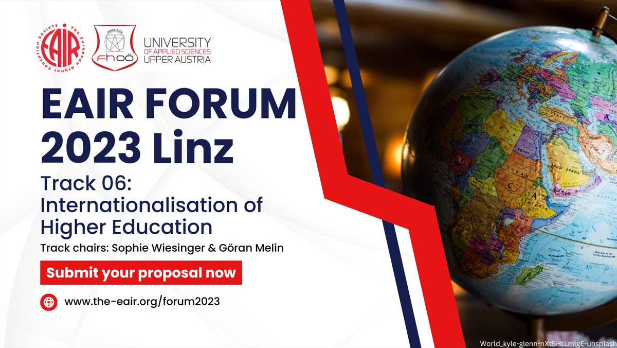 Track 6: Internationalisation of Higher Education
Track chairs: Sophie Wiesinger &amp; Göran Melin

Read more and apply: buff.ly/3LK6Ms7

#EAIR2023 #Internationalisation #Society #Economy #Environment #Transformation #Impact #GlobalCitizens #Mobility #Accessibility #Equity