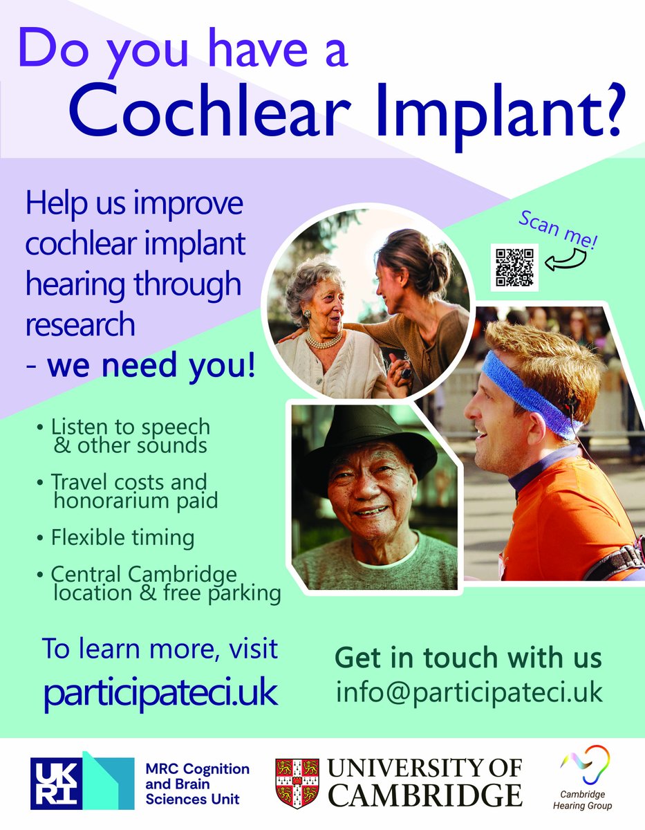Do you have a Cochlear Implant? 👂 
Please consider taking part in our research studies. 

➡️ participateci.uk

#cochlearimplant #hearingresearch #audpeeps #participate #cochlearimplantresearch <a href="/CamHearingGroup/">Cambridge Hearing Group</a>