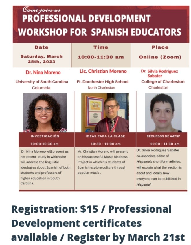Mañana, a partir de las 10 am (Eastern), un taller de capacitación profesional para educadores de lengua (español). ¡Los esperamos!
Para preguntas sobre el evento, buscar información aquí: aatspscdotorg.wordpress.com