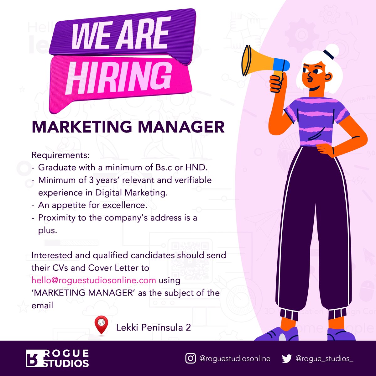 roguestudioshq's tweet photo. We are hiring 

Send your application to hello@roguestudiosonline.com

Tag someone that needs to see this. 

#roguestudios #wherevisualizationmeetsreality #marketing https://t.co/6XeIDjc7vj
