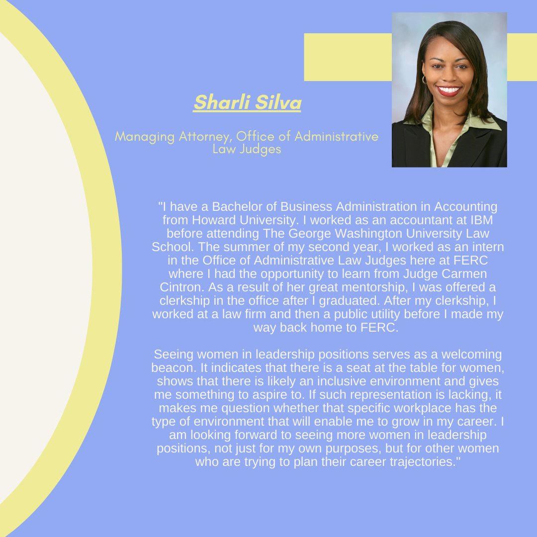 WorkatFERC's tweet photo. We are excited to continue celebrating #WomensHistoryMonth by spotlighting a few women at FERC!

Please take a moment to learn about these leaders as they discuss their educational and work backgrounds and the importance of women's representation in the workplace. (1/2) https://t.co/2DL6BssDBK