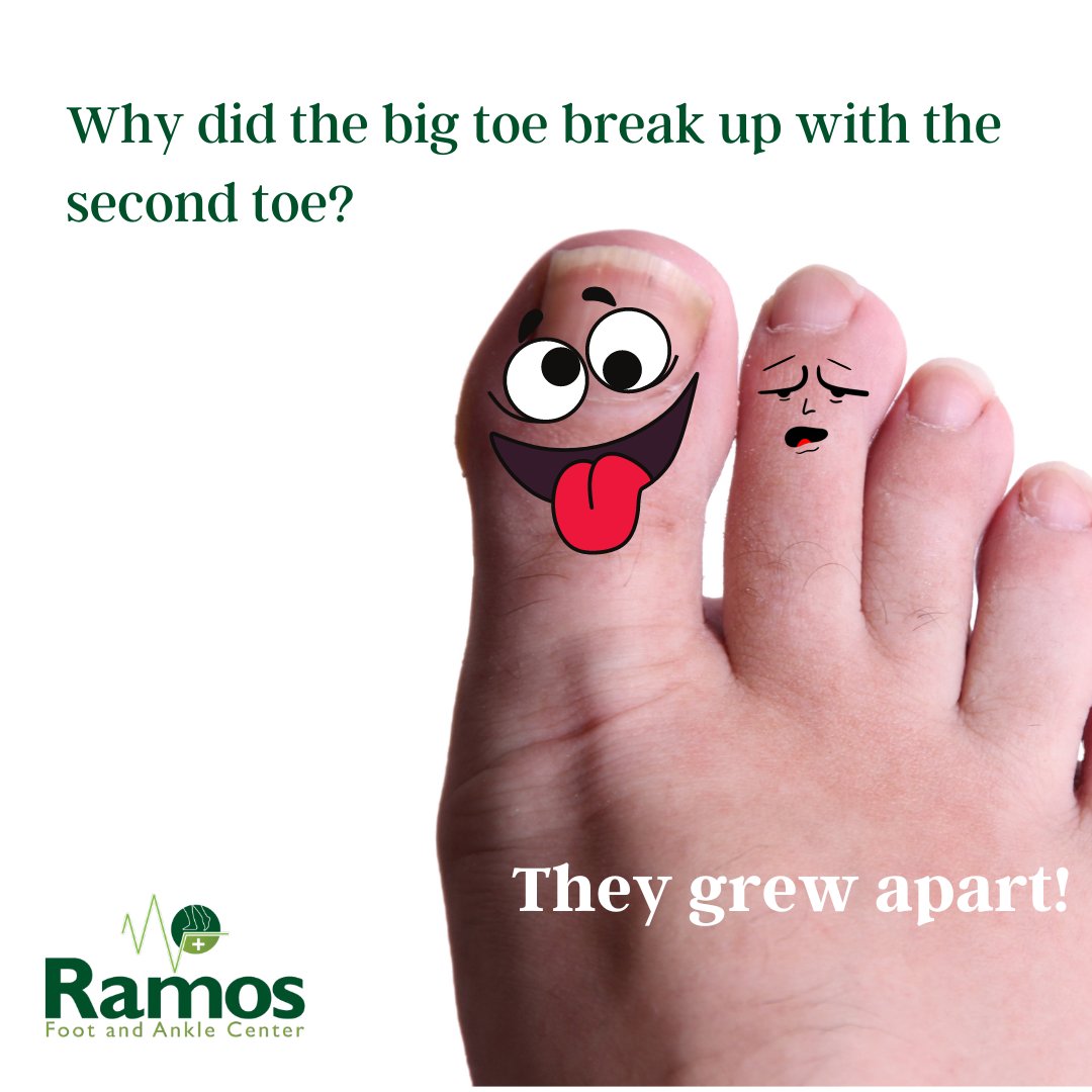 RamosPodiatry's tweet photo. Why did the big toe break up with the second toe? They grew apart.

#RamosHumor #FridayVibes #HappyFeet #Podiatry #RamosFootandAnkleCenter #DrFJRamos #PerthamboyNJ #Perthamboy #Podiatrist #Podiatry #FootCare #FootPainRelief #HappyFeet #ExceptionalHealthcare https://t.co/A0w3ZQ5Lfj