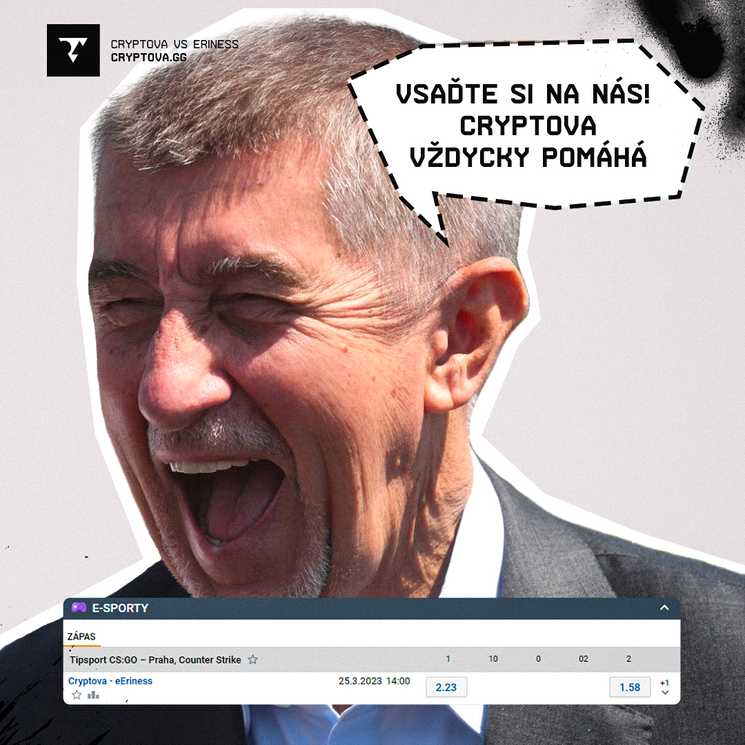 cryptovaesport's tweet photo. Byli jsme na Tipsportu, kurz je 2.23. Vsaďte si 1000 Kč a přijďte všichni fandit, vyhrajete 2.230 Kč 🙃 Cryptova vždycky pomáhá 😎

#cryptova #newdirection #meme #csgo #csgoczsk https://t.co/OEQNtQrWfX