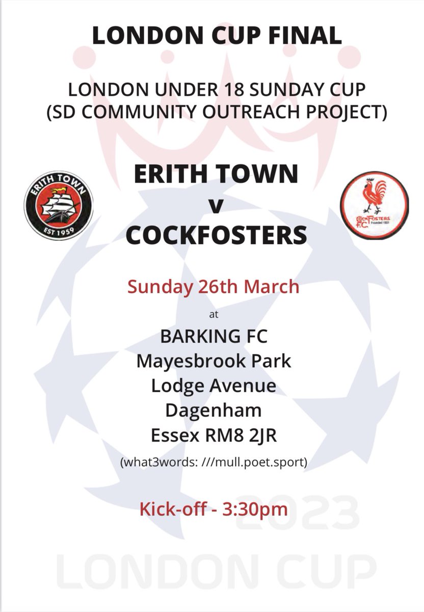 Erith Town FC (@erithtown) on Twitter photo U18s | 🔴 LONDON CUP FINAL 🔴
The Dockers U18s take on <a href="/CockfostersDev/">Cockfosters FC Development</a> in the London Cup Final this Sunday at <a href="/barkingfc/">Barking FC</a> kick off 3.30pm.
Everyone at the club wishes Andy and Scott's squad all the very best for Sunday.
#UpTheDockers #DockersPathway U18s | 🔴 LONDON CUP FINAL 🔴
The Dockers U18s take on <a href="/CockfostersDev/">Cockfosters FC Development</a> in the London Cup Final this Sunday at <a href="/barkingfc/">Barking FC</a> kick off 3.30pm.
Everyone at the club wishes Andy and Scott's squad all the very best for Sunday.
#UpTheDockers #DockersPathway