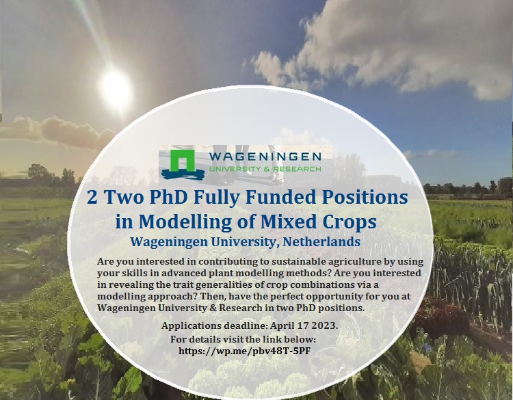 📌 2 Two PhD Fully Funded Positions in Modelling of Mixed Crops at Wageningen University, Netherlands 🇳🇱... Please retweet and spread the word! For details visit the link below👉 wp.me/pbv48T-5PF