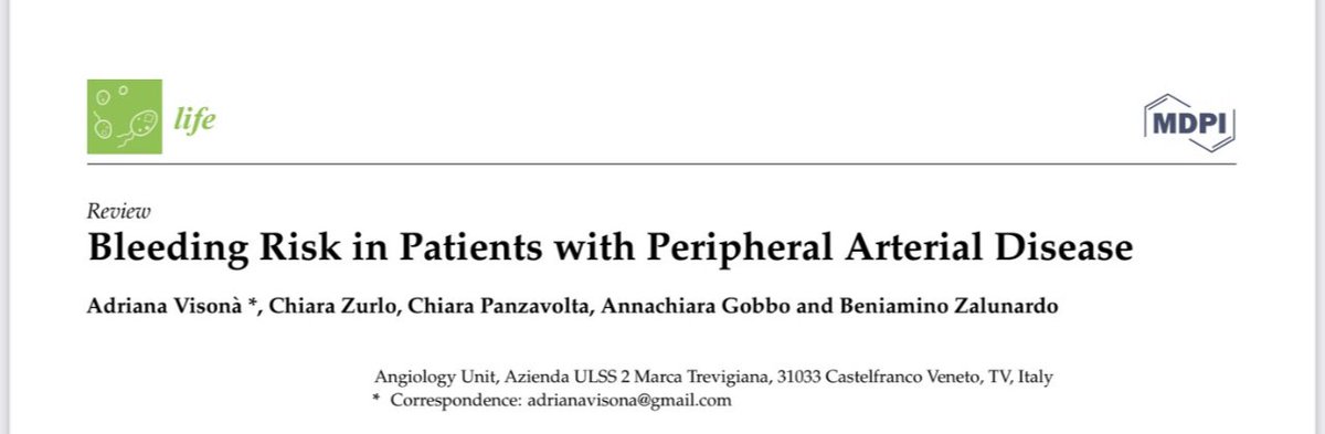 Una recente review della UOC di Angiologia di Castelfranco Veneto evidenzia l'importanza dell'utilizzo di uno SCORE di sanguinamento specifico da utilizzare nel trattamento della Arteriopatia Periferica degli Arti Inferiori     doi.org/10.3390/lifel3…
