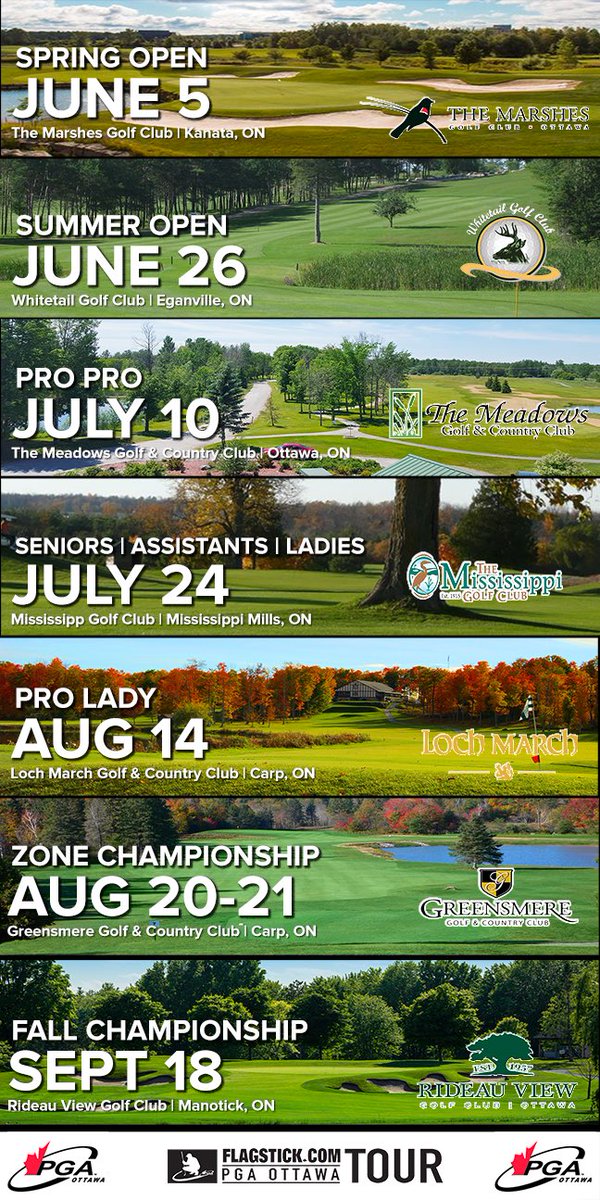 A nice line-up of venues for this year’s Flagstick <a href="/PGAofOttawa/">PGA Canada - Ottawa</a> Tour

Looking forward to seeing everyone at the events and thank you to the clubs, their staff and members for their willingness to host. 

👏 to the board &amp; <a href="/carolanbax/">CABaxter</a> for arrangements