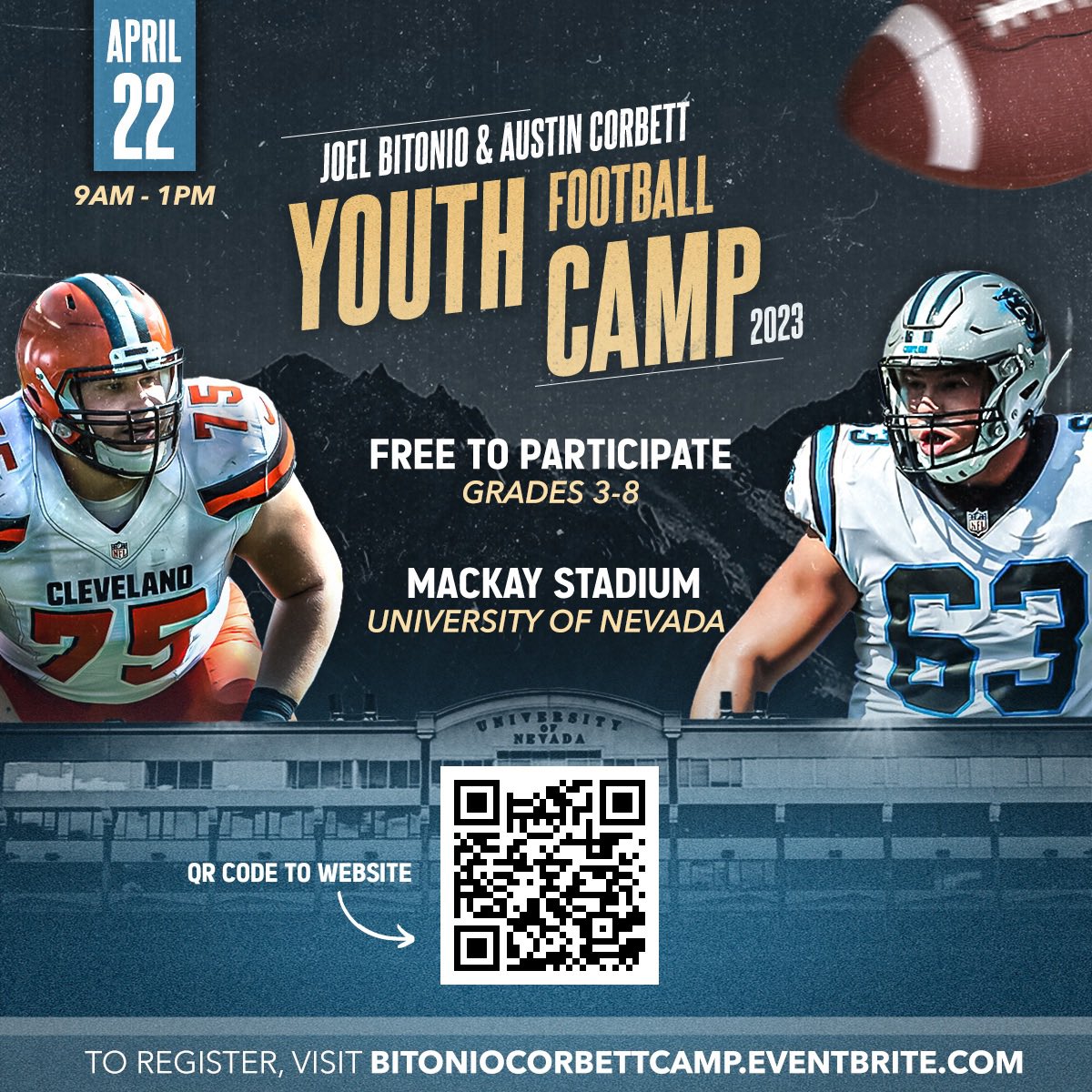 We are back! Join us for the 2nd Annual Joel Bitonio & Austin Corbett Free Youth Football Camp, 4-22-2023 at 9:00 AM at Mackay Stadium. This is our chance to reciprocate all the love the Reno community has given us over the years. Year 2 is here! Go Pack!