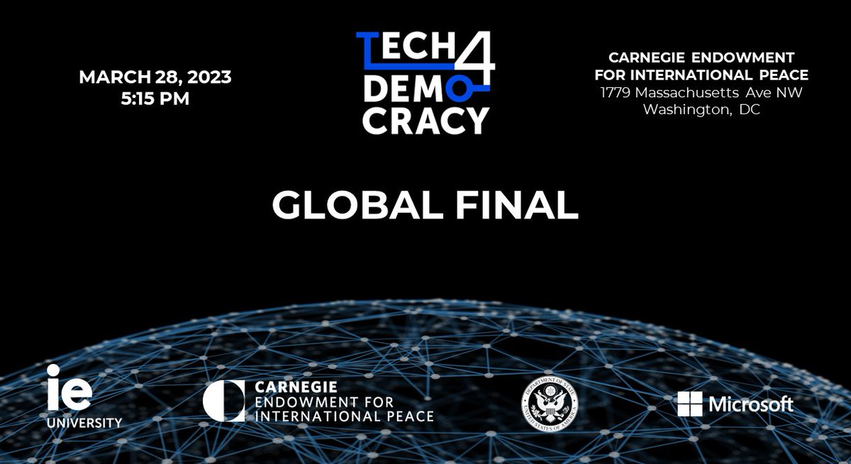 On March 28 we'll culminate our #Tech4Democracy Challenge selecting the world's top democracy-affirming tech startup among the winners from all continents.

🗣️Keynote by <a href="/KembaWalden46/">Kemba Walden</a> 
📍<a href="/CarnegieEndow/">Carnegie Endowment</a>, Washington DC
Join in person or online 👉 events.ceip.org/TheGlobalVentu…