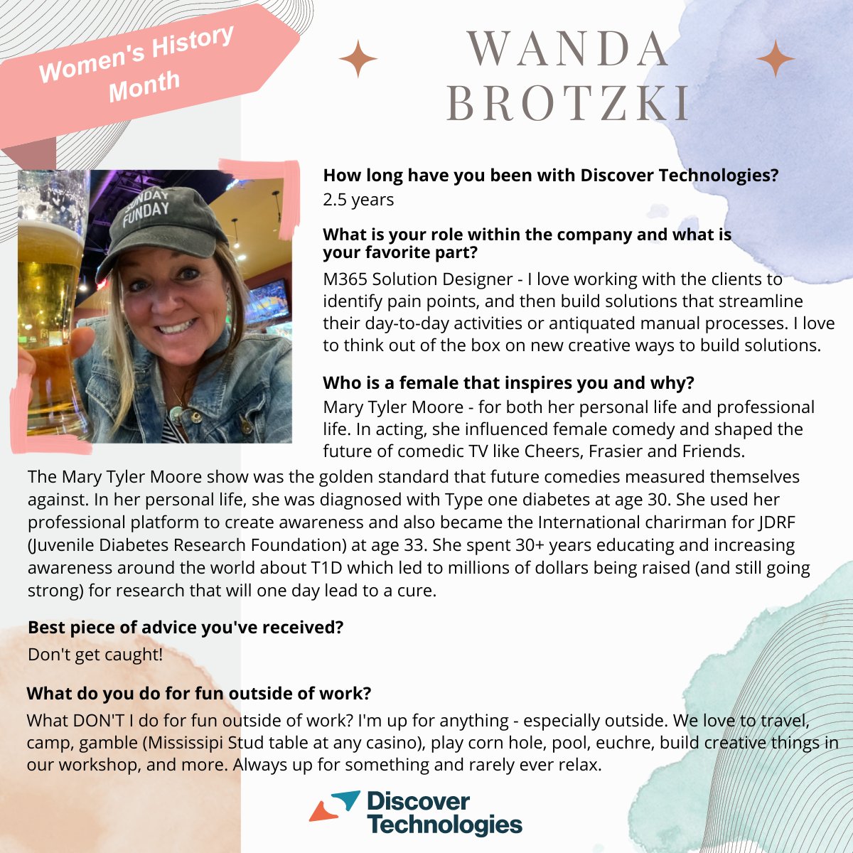 Discover__Tech's tweet photo. In celebration of #WomensHistoryMonth, we are highlighting women making a positive impact at @Discover__Tech! Meet Wanda Brotzki, M365 Solution Designer! Please join us in honoring Wanda today!

#womeninbusiness #womenintech #women #thankyou #M365 #M365SolutionDesigner https://t.co/0nnJTkUJx7
